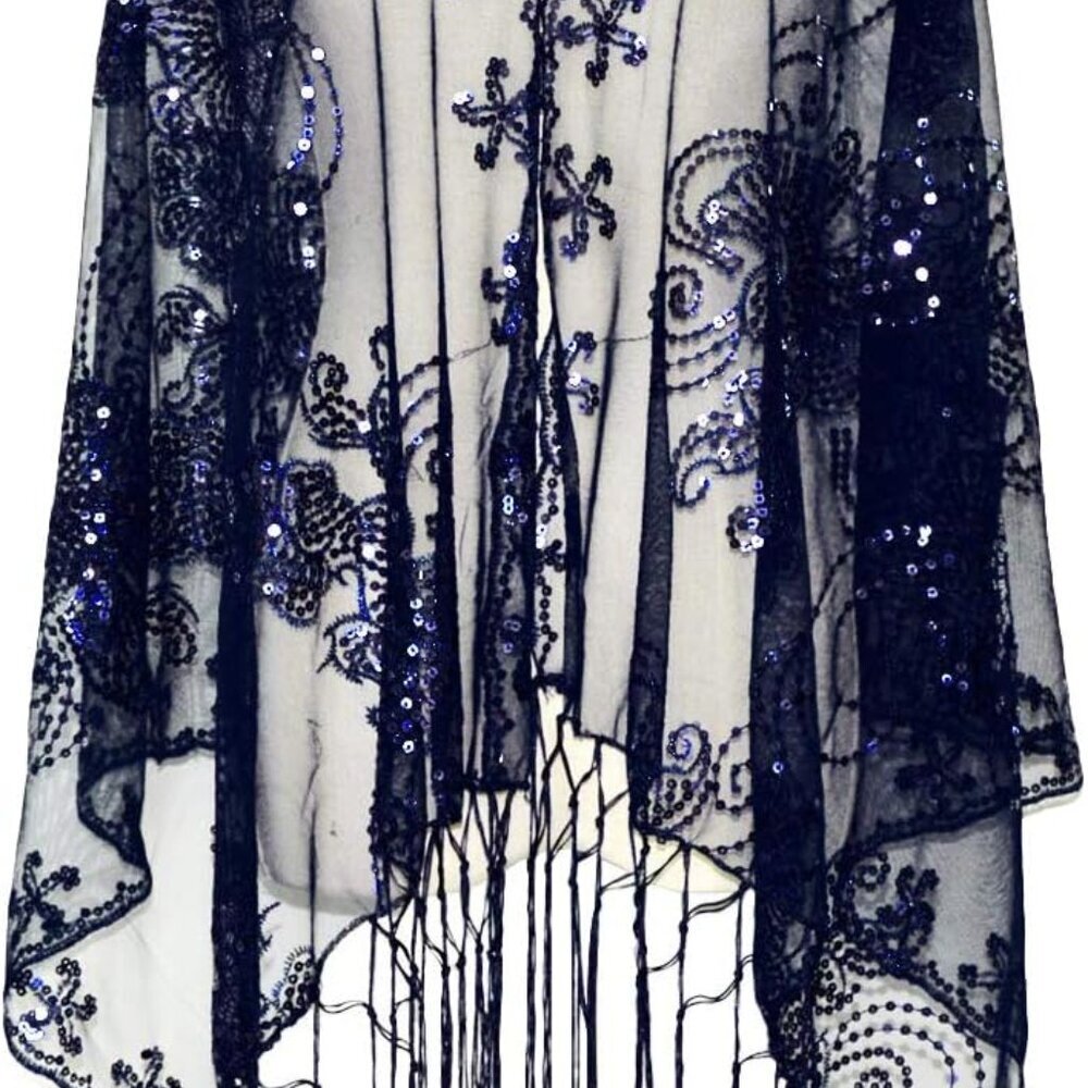 Women's Glittering 1920s Scarf Mesh Sequin Wedding Cape Fringed Evening Shawl Wr